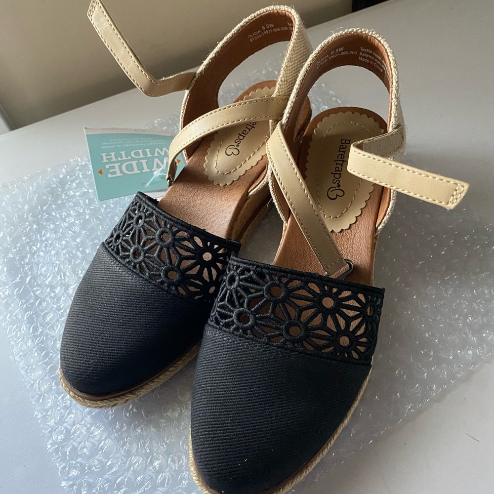 BareTraps Black and Tan Espadrille Wedge Sandals with Floral Cutwork Wide